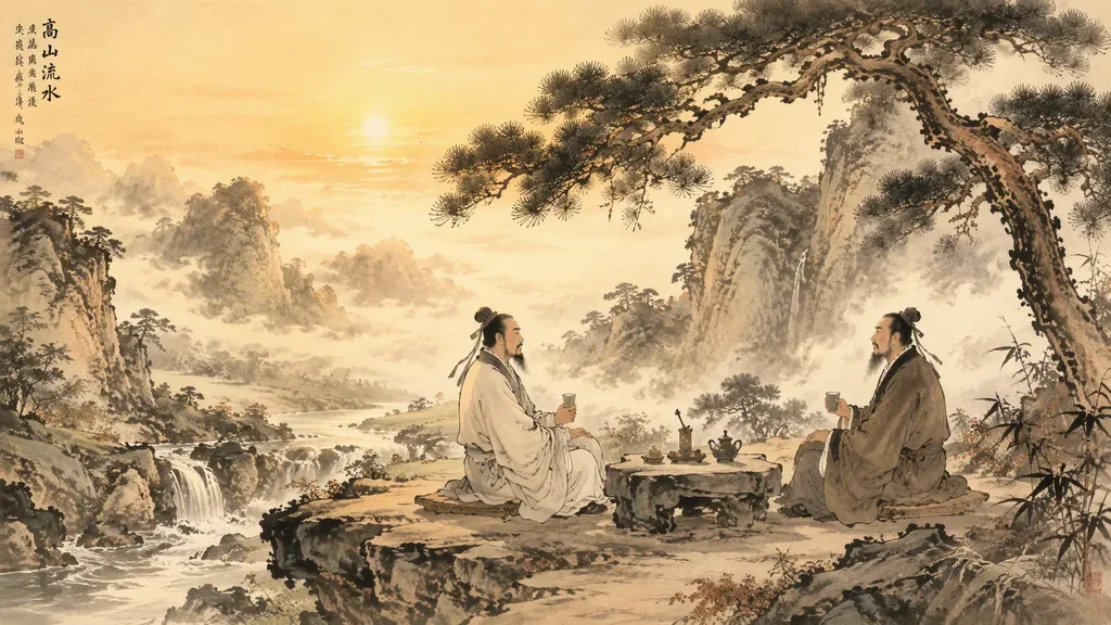 水墨意境：山间流水旁，两位古人相对而坐